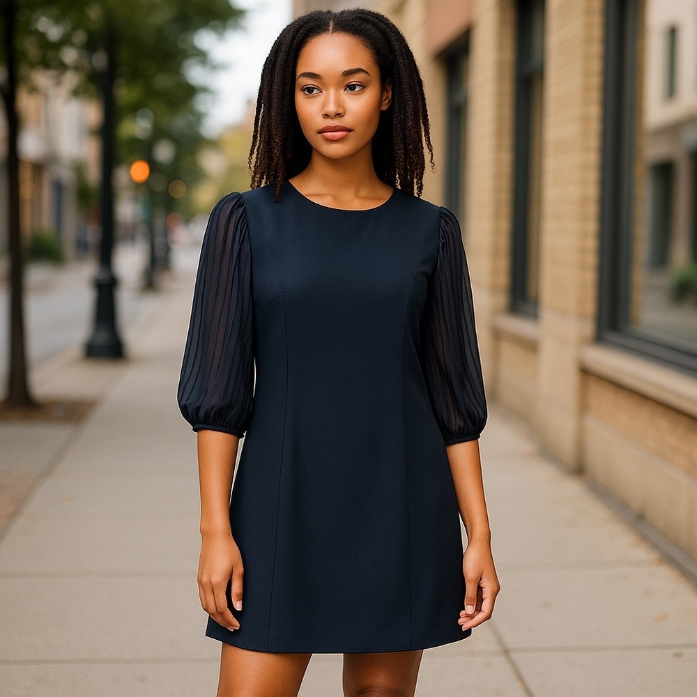 DKNY Navy Sheath Dress Size 10 NWT Puff Sleeve Pleated Elegant Career - Picture 2 of 11